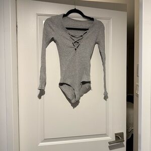 Gray Lace-Up Long-Sleeve Bodysuit